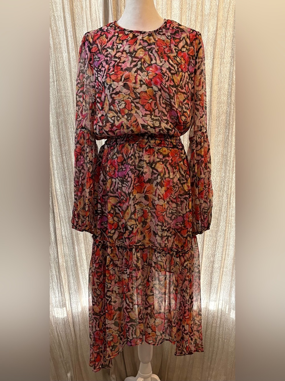 MISA Los Angeles Floral Chiffon Asymmetrical Midi Dress Size